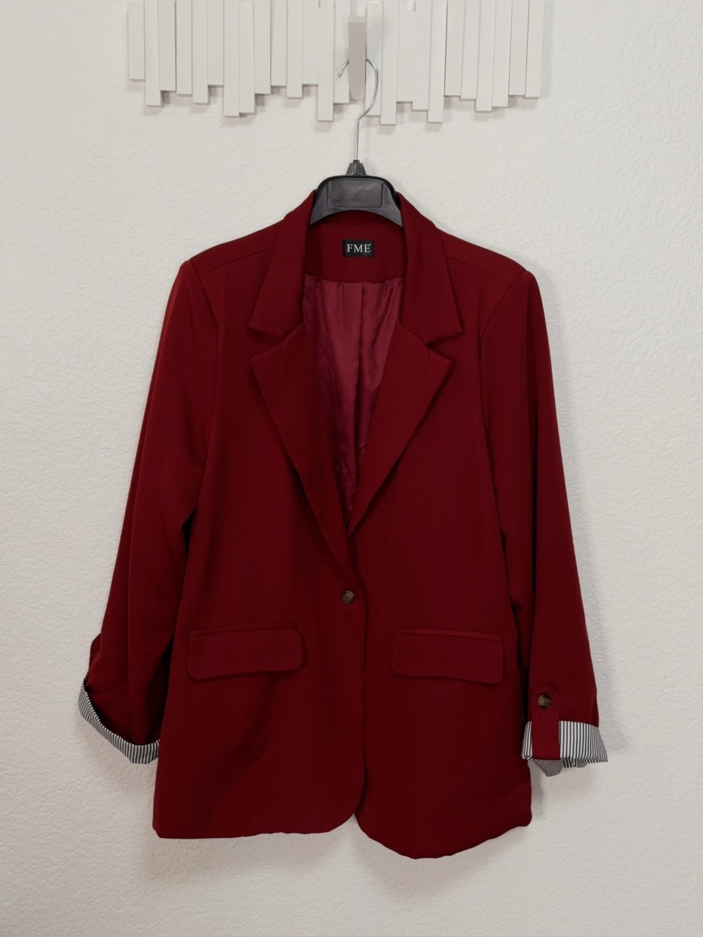 FME Burgundy Red One Button Longline Blazer Striped Cuff Work Jacket